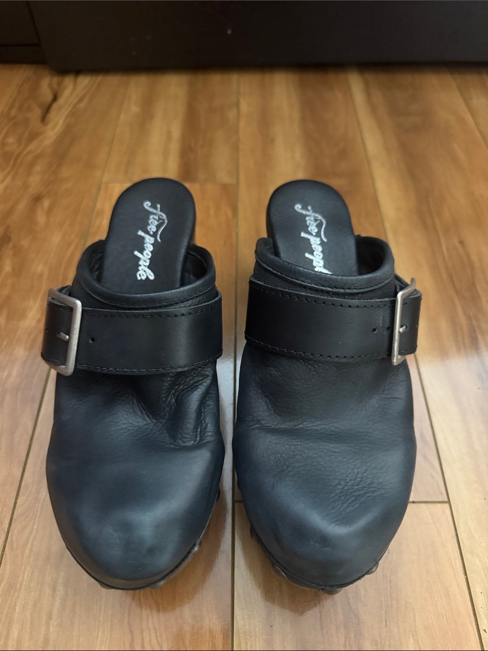Free People Black Leather Buckle Clog Mule Slip-On